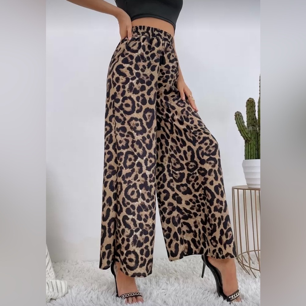 Leopard Brown Black Animal Print High Waisted Wide Leg Women’s Pants Large - Picture 12 of 14